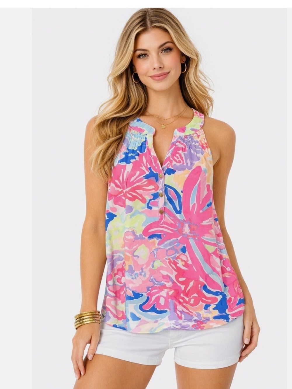 Lilly Pulitzer (FLAW)xs Bailey Silk Top in Pink Multi Playa Hermosa Print GUC